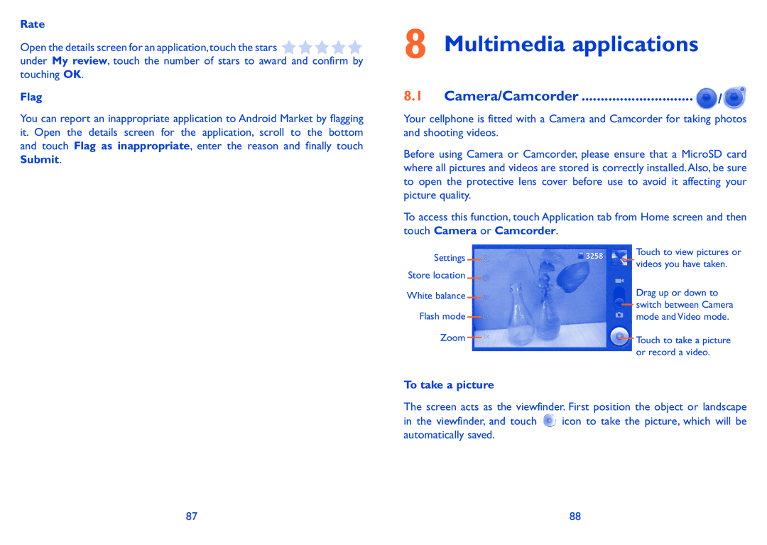 Alcatel 990A, 990S manual Multimedia applications, Camera/Camcorder, Rate, Flag, To take a picture 
