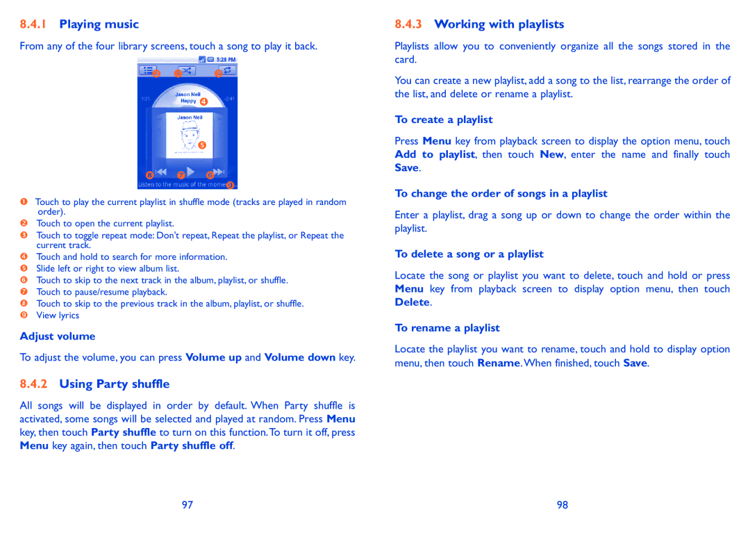Alcatel 990S, 990A manual Playing music, Using Party shuffle, Working with playlists 
