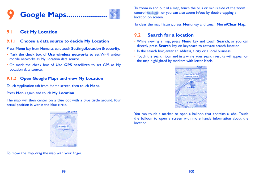 Alcatel 990A, 990S manual Google Maps, Get My Location, Search for a location, Choose a data source to decide My Location 