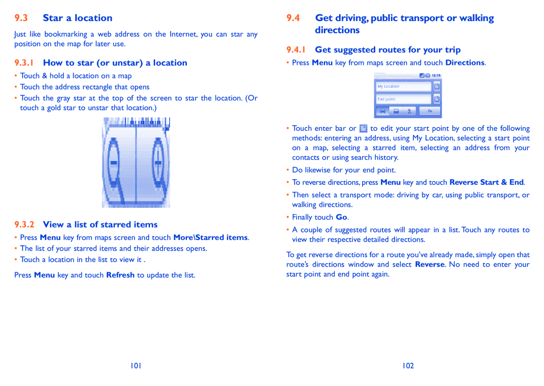 Alcatel 990S, 990A Star a location, Get driving, public transport or walking directions, How to star or unstar a location 