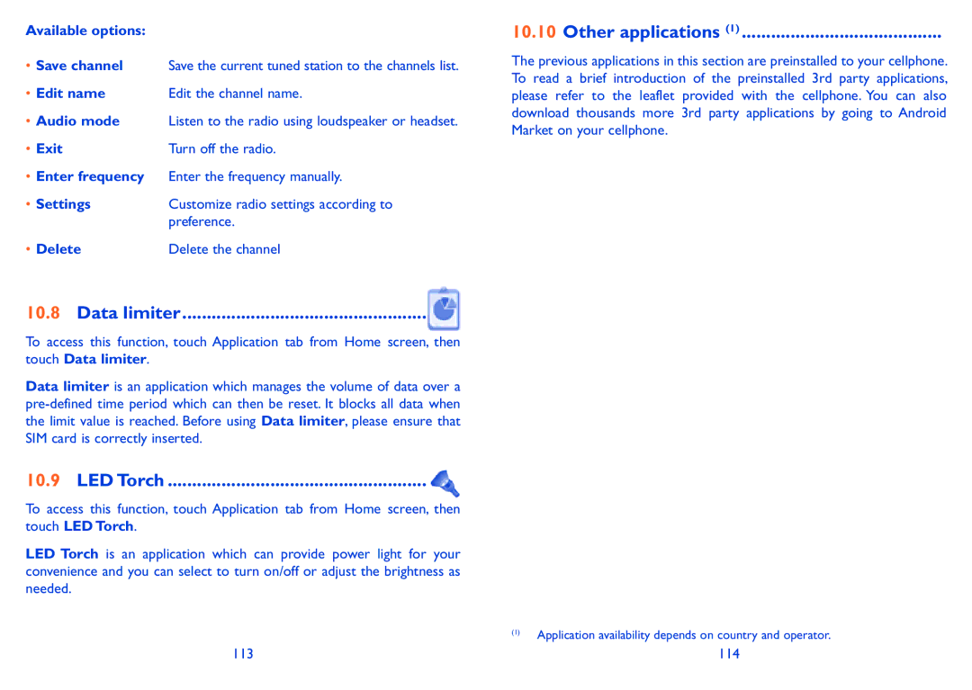 Alcatel 990S, 990A manual Other applications, Data limiter, LED Torch 