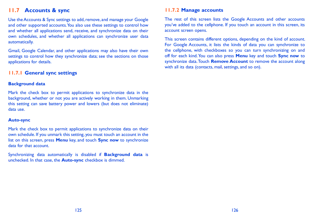 Alcatel 990S, 990A manual Accounts & sync, General sync settings, Manage accounts 