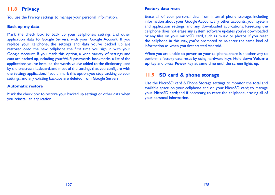 Alcatel 990A, 990S manual Privacy, SD card & phone storage, Back up my data, Automatic restore, Factory data reset 