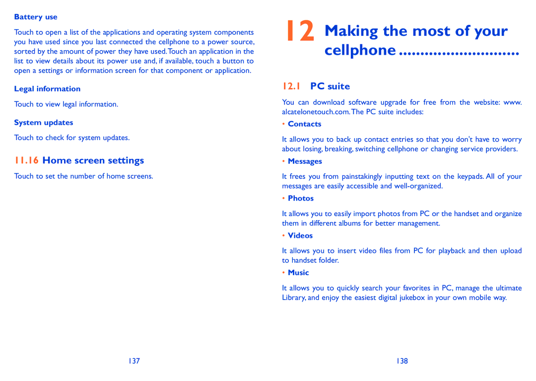 Alcatel 990S, 990A manual Making the most of your Cellphone, Home screen settings, PC suite 