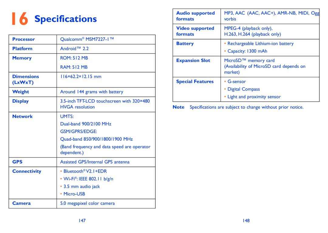 Alcatel 990A, 990S manual Specifications 