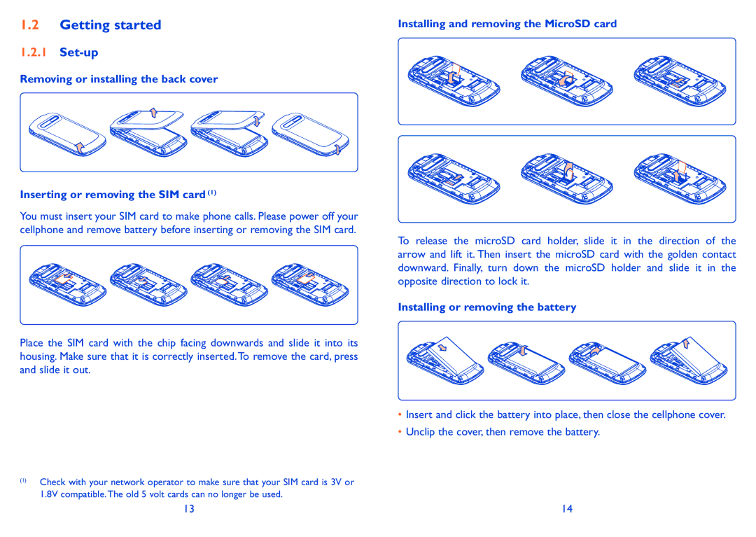 Alcatel 990S, 990A Getting started, Set-up, Installing and removing the MicroSD card, Installing or removing the battery 