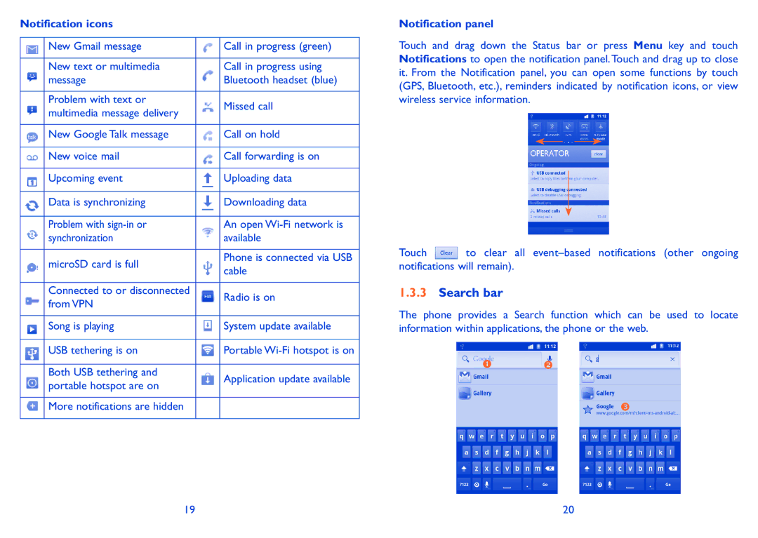 Alcatel 991 Play manual Search bar, Notification icons, Notification panel 