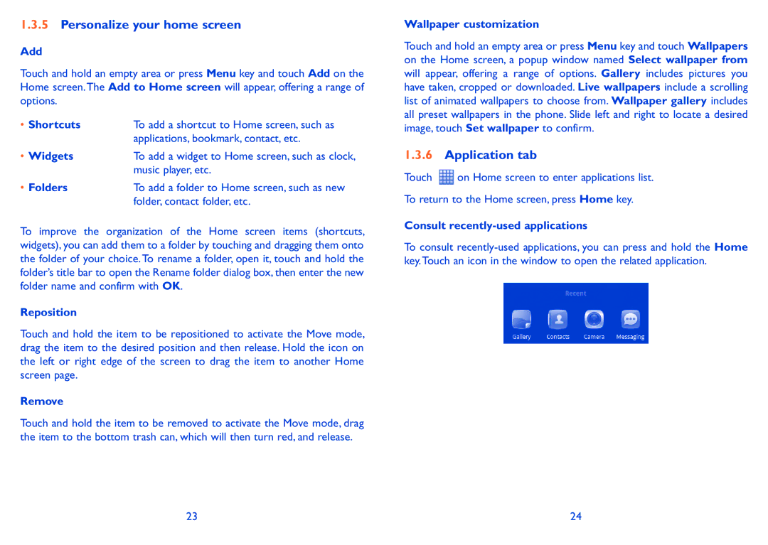 Alcatel 991 Play manual Personalize your home screen, Application tab 