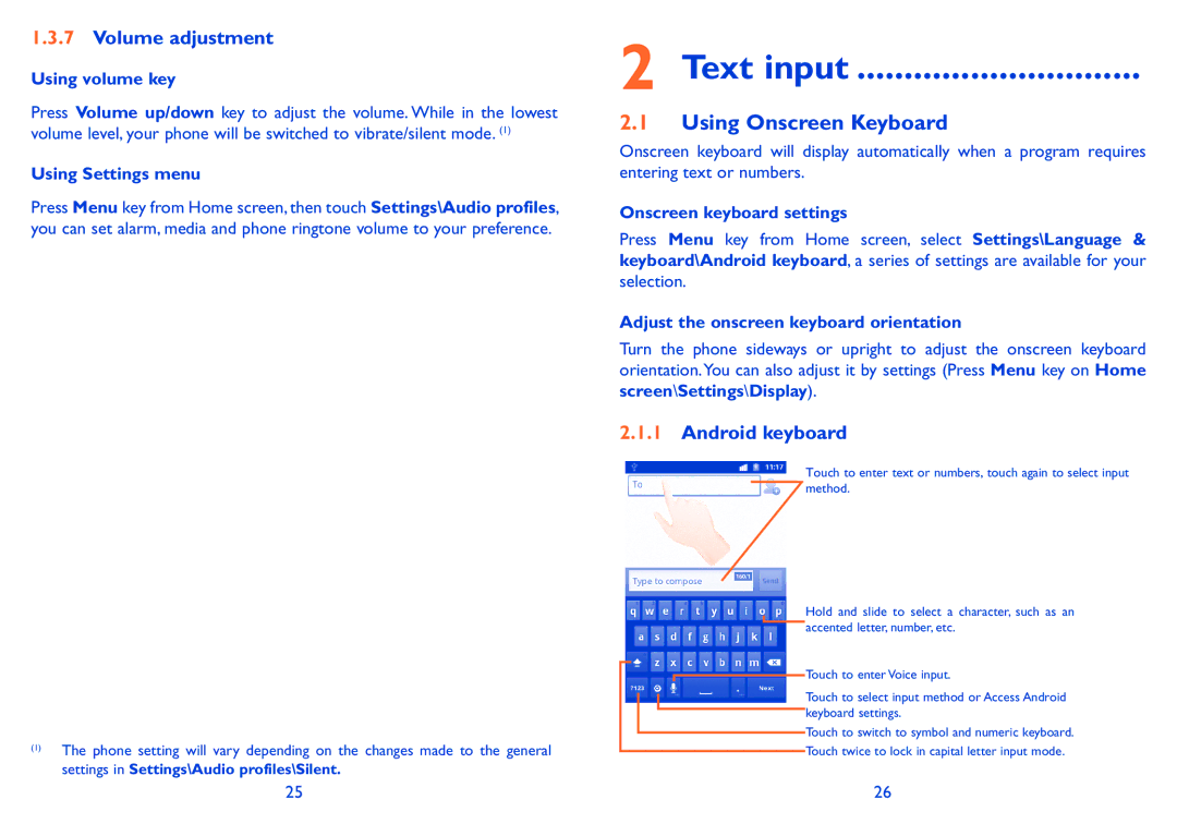 Alcatel 991 Play manual Text input, Using Onscreen Keyboard, Volume adjustment, Android keyboard 