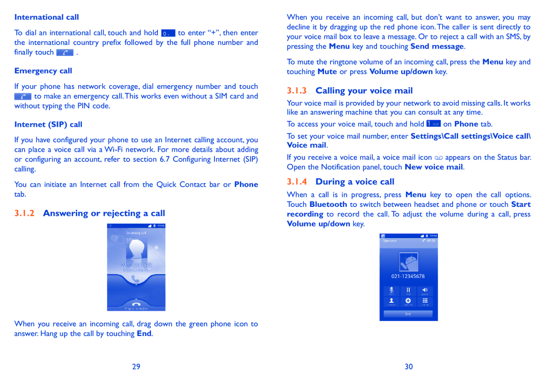 Alcatel 991 Play manual Answering or rejecting a call, Calling your voice mail, During a voice call 