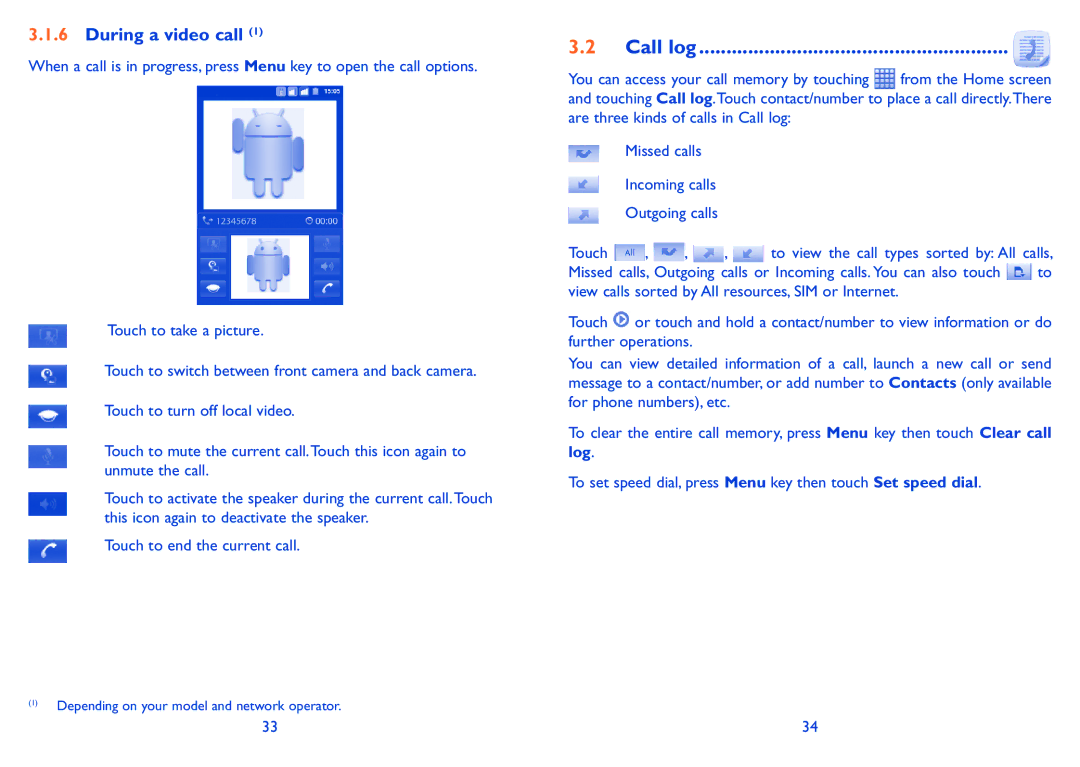 Alcatel 991 Play manual Call log, During a video call 