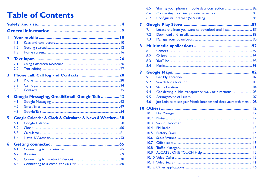 Alcatel 991 Play manual Table of Contents 