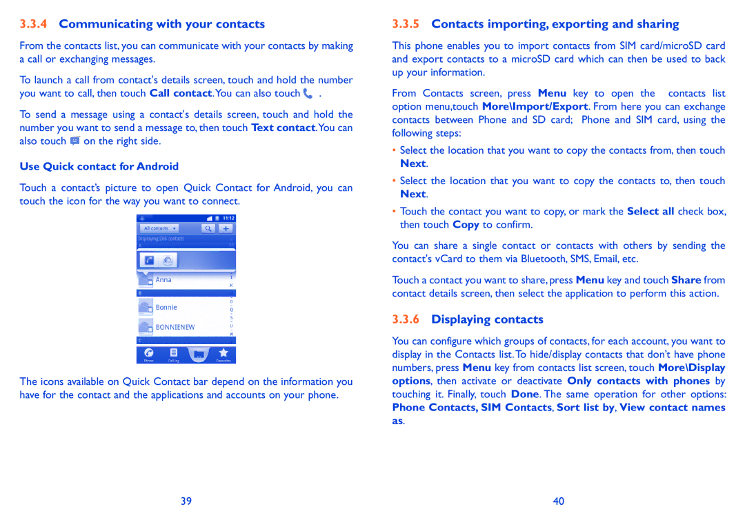 Alcatel 991 Play manual Communicating with your contacts, Contacts importing, exporting and sharing, Displaying contacts 