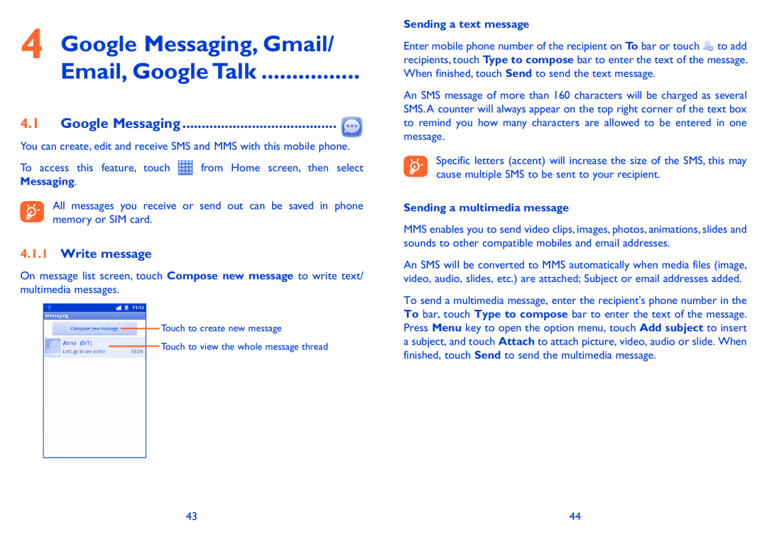 Alcatel 991 Play manual Google Messaging, Gmail Email, Google Talk, Write message, Sending a text message 
