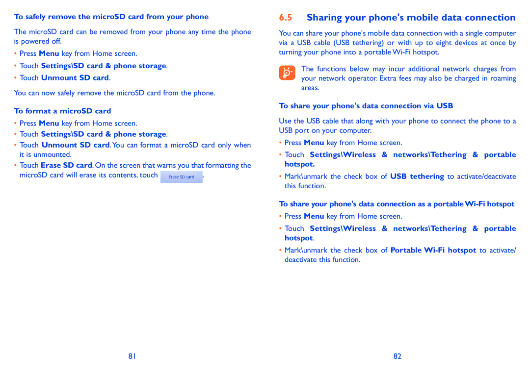 Alcatel 991 Play manual Sharing your phones mobile data connection, To safely remove the microSD card from your phone 