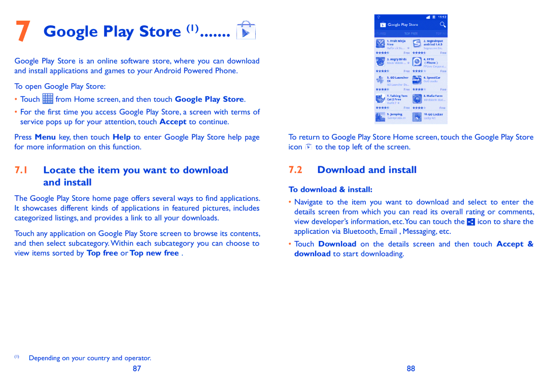 Alcatel 991 Play manual Google Play Store, Locate the item you want to download and install, Download and install 
