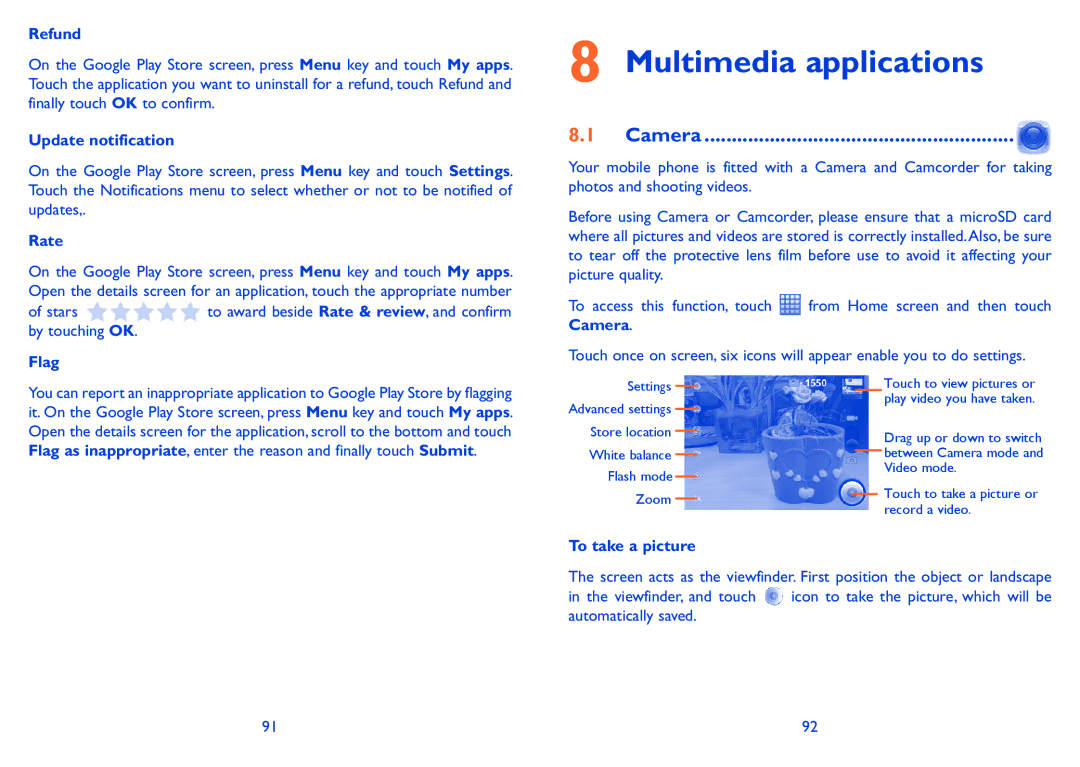 Alcatel 991 Play manual Multimedia applications, Camera 