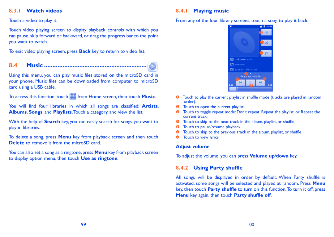 Alcatel 991 Play manual Music, Watch videos, Playing music, Using Party shuffle, Adjust volume 
