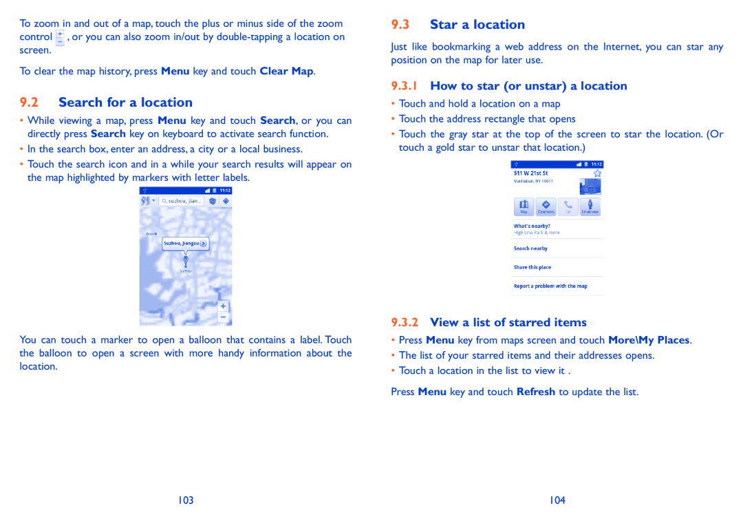 Alcatel 991 Play Search for a location, Star a location, How to star or unstar a location, View a list of starred items 