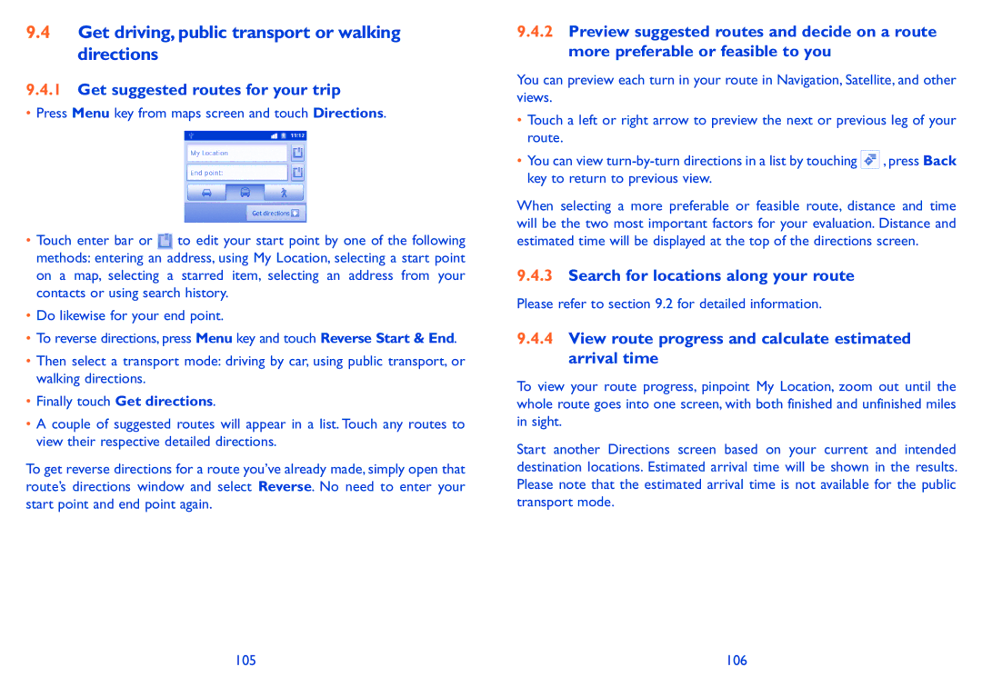 Alcatel 991 Play manual Get driving, public transport or walking directions, Get suggested routes for your trip 