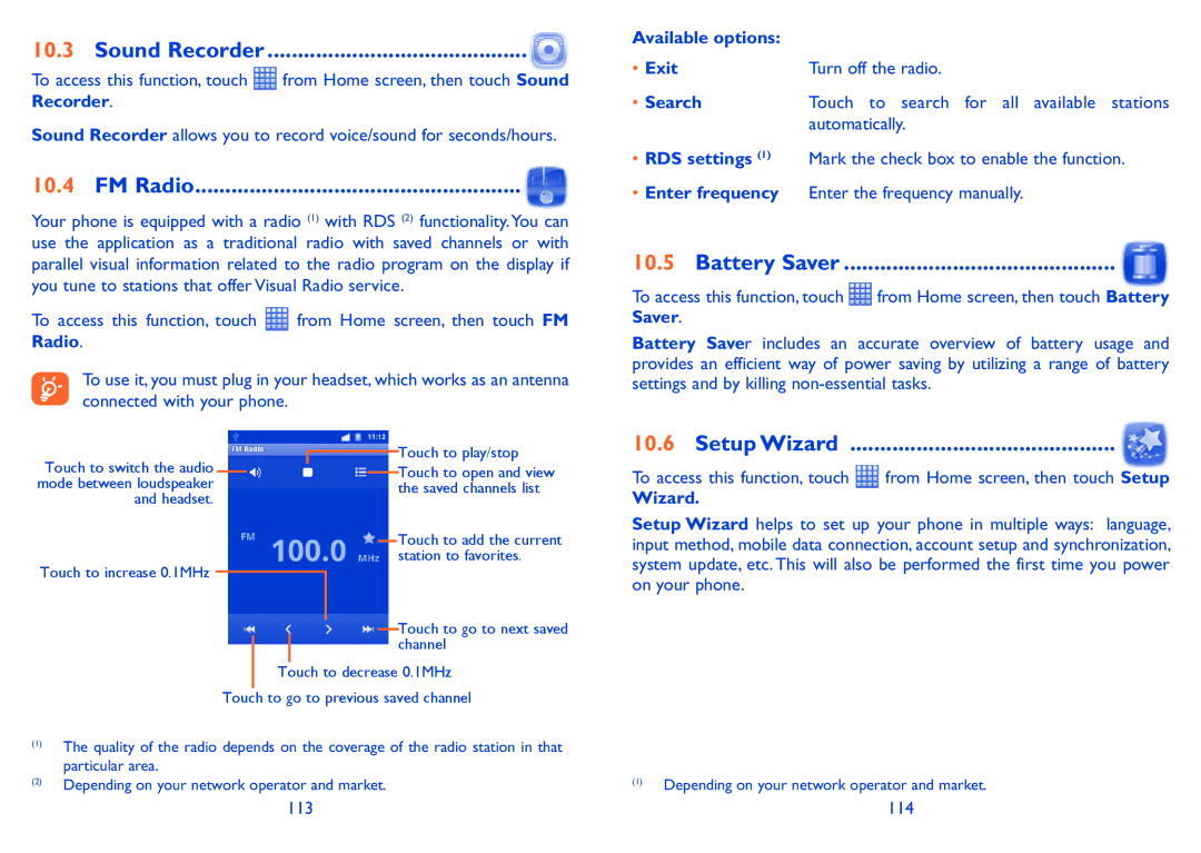 Alcatel 991 Play manual Sound Recorder, FM Radio, Battery Saver, Setup Wizard 