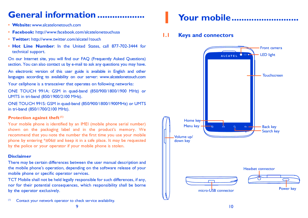 Alcatel 991 Play manual General information, Your mobile, Keys and connectors, Disclaimer 