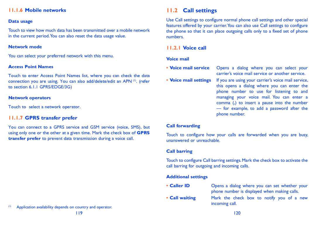 Alcatel 991 Play manual Call settings, Mobile networks, Gprs transfer prefer, Voice call 