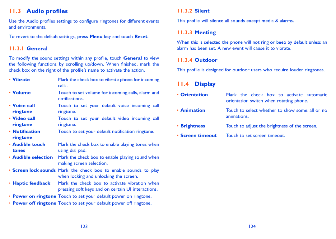 Alcatel 991 Play manual Audio profiles, Display 