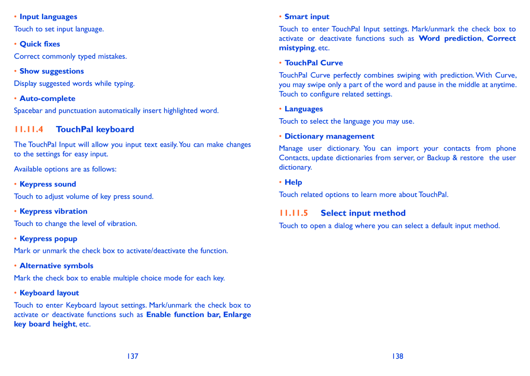 Alcatel 991 Play manual TouchPal keyboard, Select input method 
