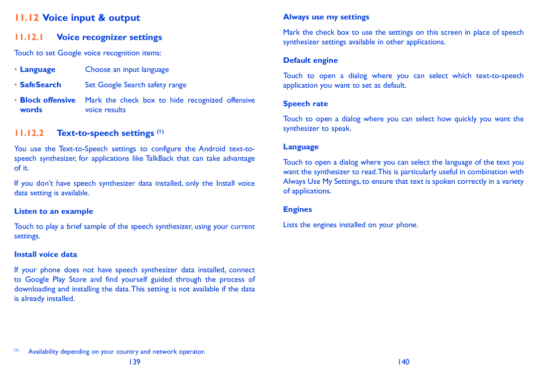 Alcatel 991 Play manual Voice input & output, Voice recognizer settings, Text-to-speech settings 