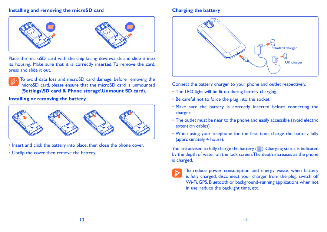 Alcatel 991 Play manual Installing and removing the microSD card, Installing or removing the battery 