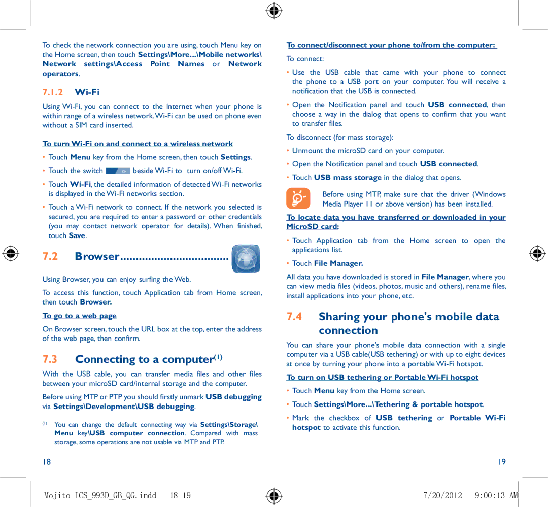 Alcatel 993D manual Browser, Connecting to a computer1, Sharing your phones mobile data Connection, Wi-Fi 