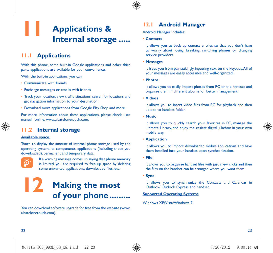 Alcatel manual Applications, Internal storage, Android Manager, Mojito ICS993DGBQG.indd 20/2012 90014 AM 