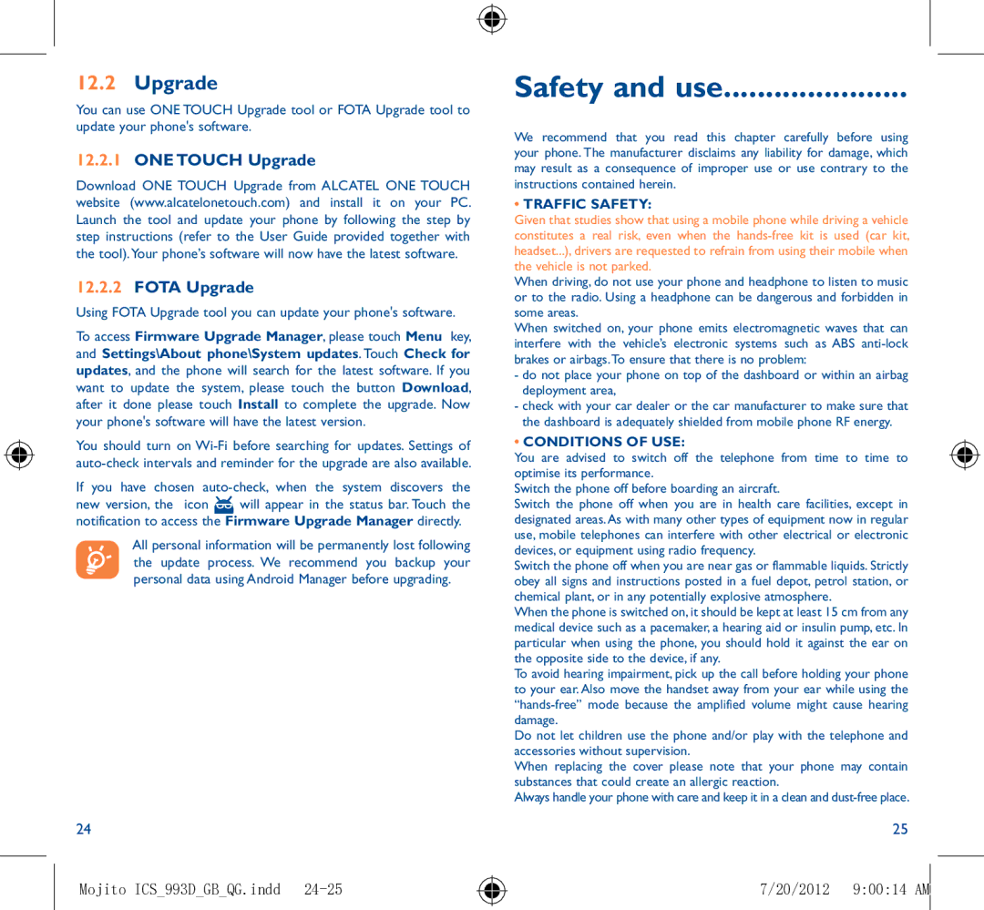 Alcatel 993D manual ONE Touch Upgrade Fota Upgrade, Safety and use, Traffic Safety, Conditions of USE 