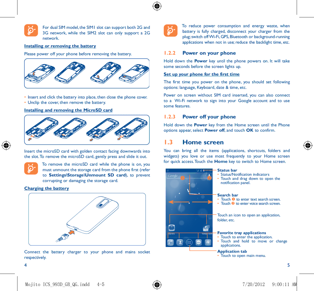 Alcatel 993D manual Home screen, Power on your phone, Power off your phone, 20/2012 90011 AM 