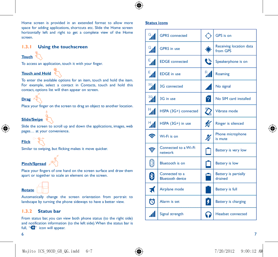 Alcatel 993D manual Using the touchscreen, Status bar, 20/2012 90012 AM 