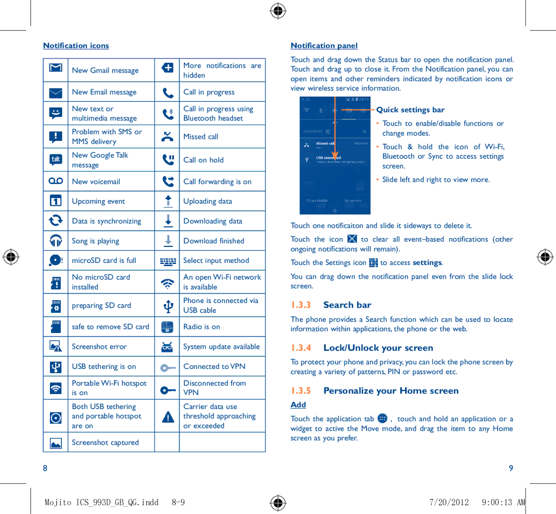 Alcatel 993D manual Search bar, Lock/Unlock your screen, Personalize your Home screen, 20/2012 90013 AM 