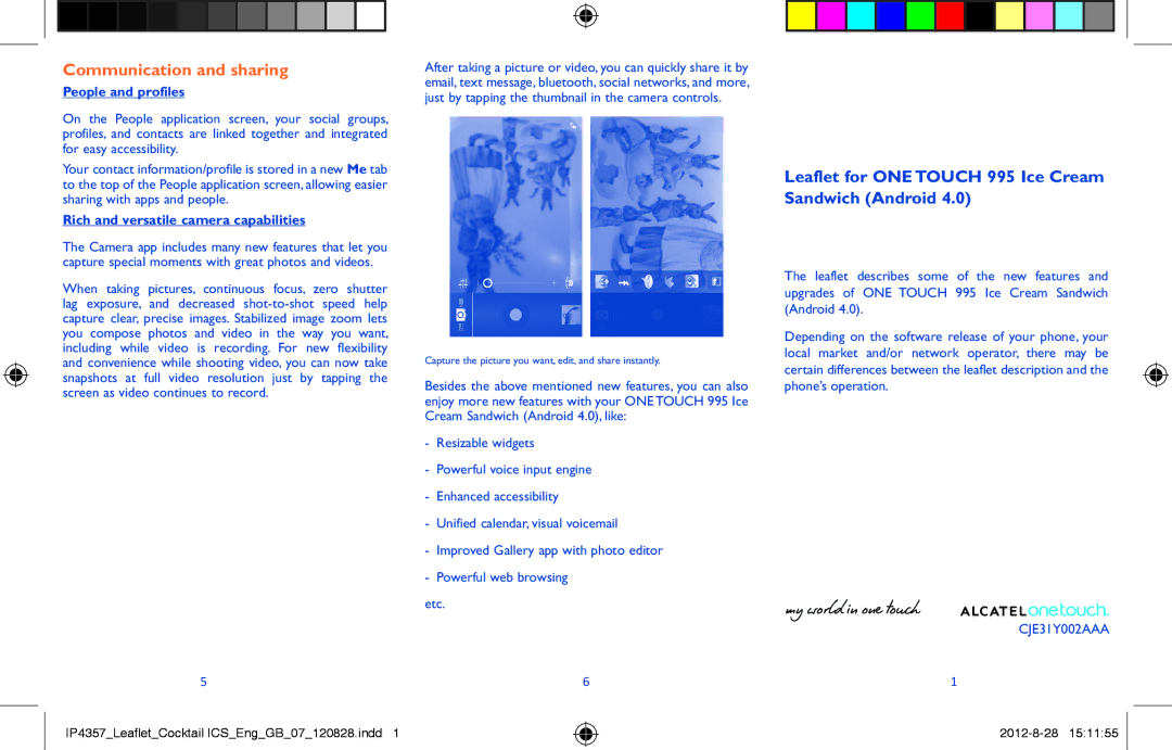 Alcatel 995 ICS manual Communication and sharing, People and profiles, Rich and versatile camera capabilities 