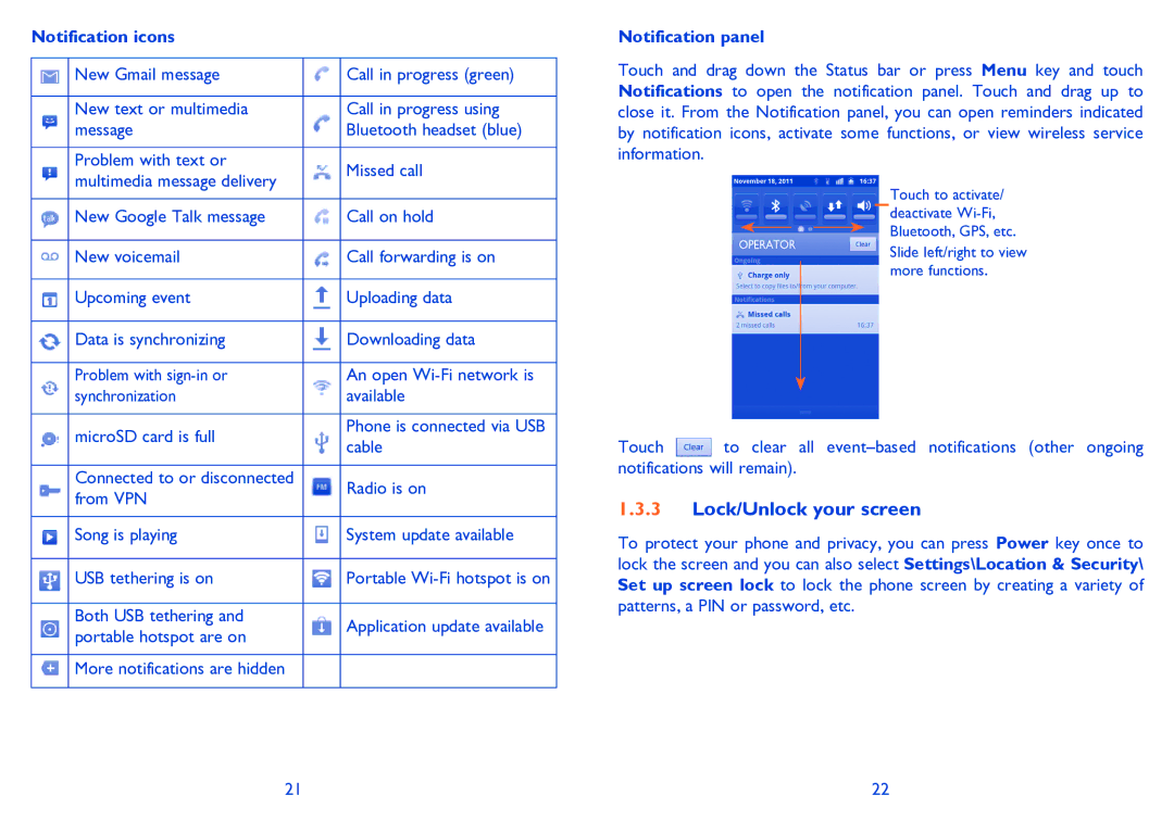 Alcatel 995S manual Lock/Unlock your screen, Notification icons, Notification panel 