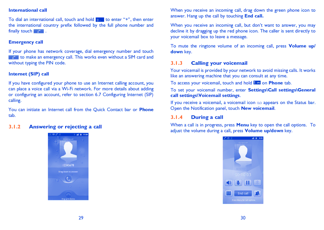 Alcatel 995S manual Answering or rejecting a call, Calling your voicemail, During a call 