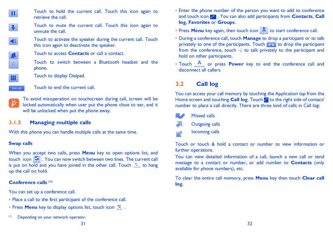 Alcatel 995S manual Call log, Managing multiple calls, Swap calls, Conference calls 
