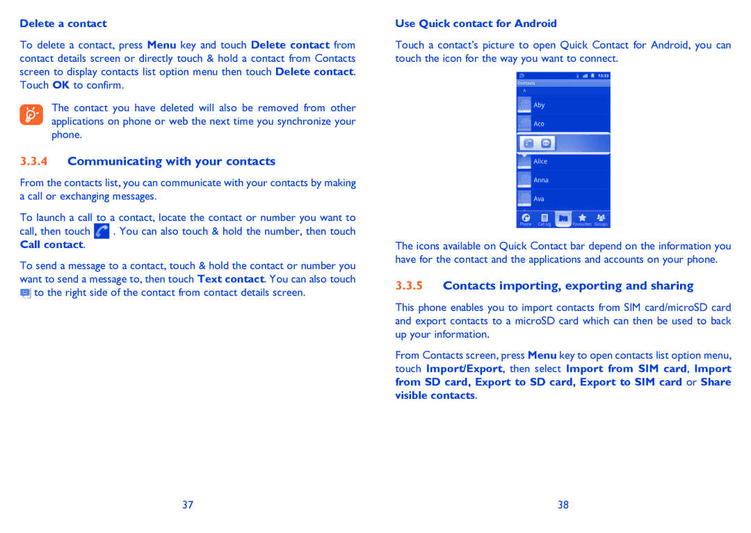 Alcatel 995S manual Communicating with your contacts, Contacts importing, exporting and sharing, Delete a contact 