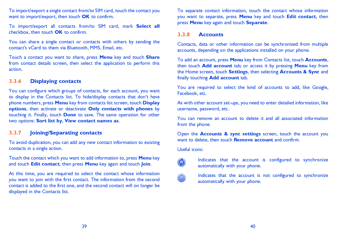 Alcatel 995S manual Displaying contacts, Joining/Separating contacts, Accounts 