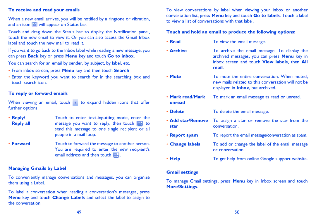 Alcatel 995S To receive and read your emails, To reply or forward emails, Reply all, Forward, Managing Gmails by Label 