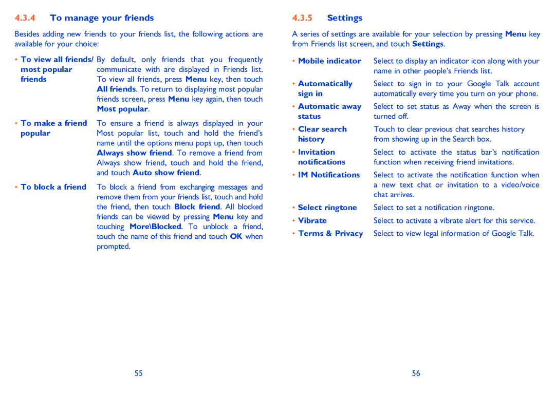 Alcatel 995S manual To manage your friends, Settings 