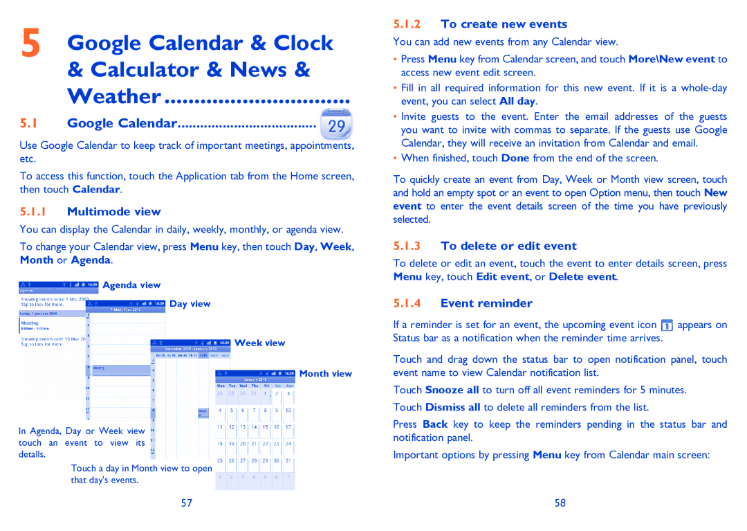 Alcatel 995S manual Google Calendar & Clock, Calculator & News 