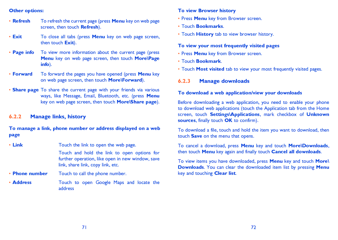 Alcatel 995S manual Manage links, history, Manage downloads 