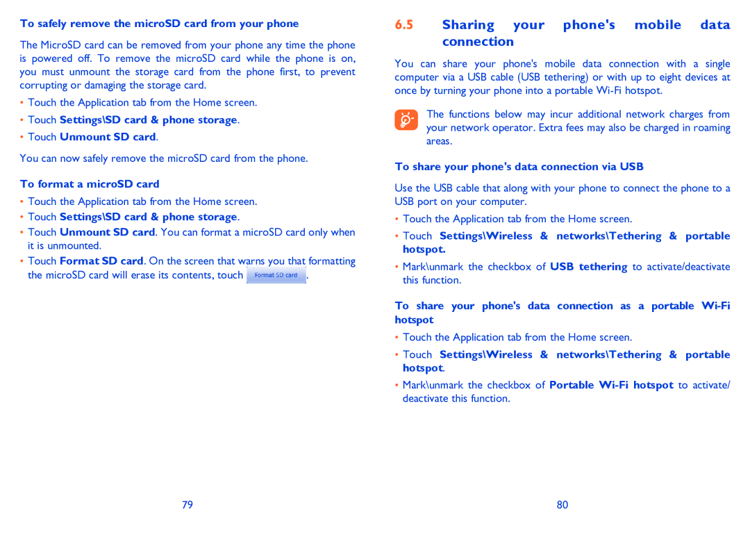 Alcatel 995S manual Sharing your phones mobile data connection, To safely remove the microSD card from your phone 