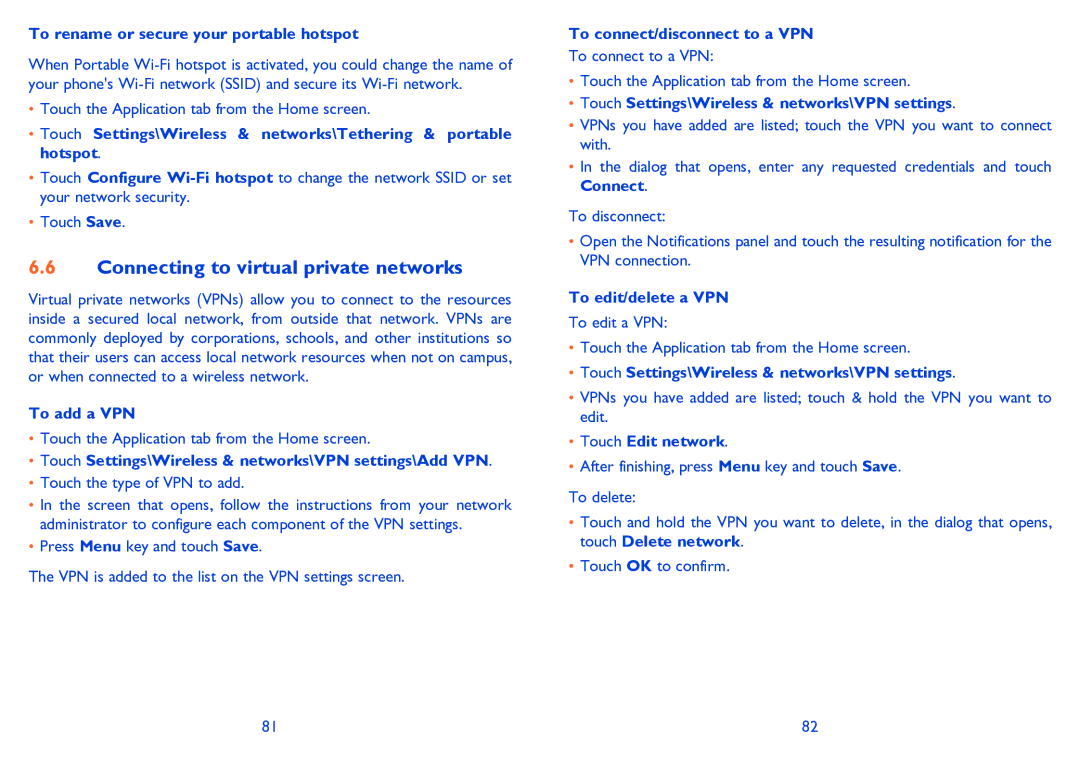 Alcatel 995S manual Connecting to virtual private networks 