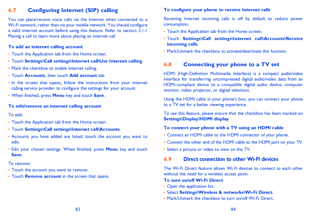 Alcatel 995S Configuring Internet SIP calling, Connecting your phone to a TV set, Direct connection to other Wi-Fi devices 